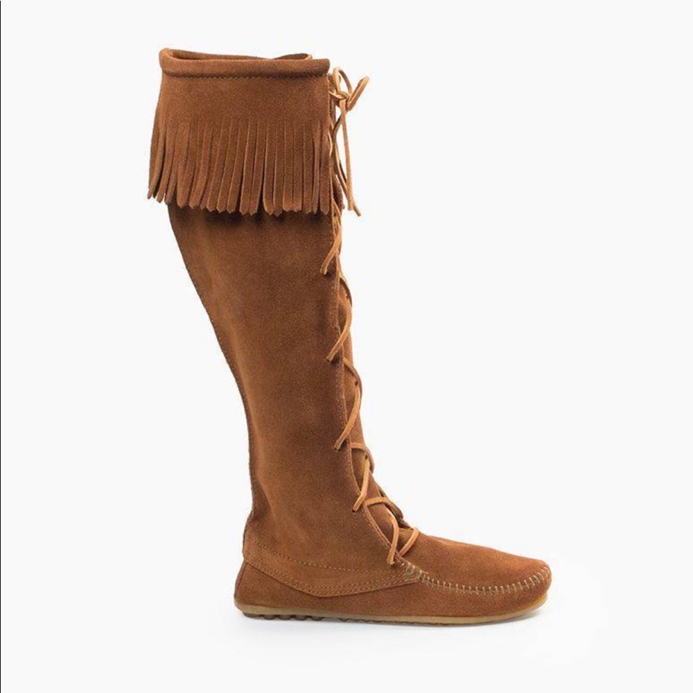 Minnetonka knee high fringe boot. NIB